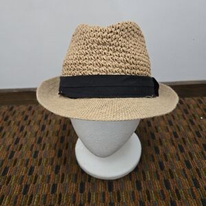 Steve Madden Straw Fedora Hat Tan Natural Woven With Black Band One Size